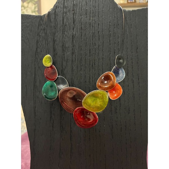 ikita Jewelry - Ikita Multicolor Enamel Organic Shape Bib Statement Necklace Adjustable Silver
